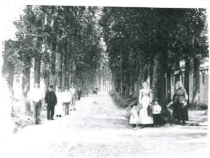 Tegen het einde van de Eerste Wereldoorlog was de huidige Wilhelminalaan (toen nog Wilhelminastraat) nog niet geheel bestraat. Van ‘Overpost’ uit rechtsaf had de straat als eerste laan nog aan weerszijden hoge bomen. De vrouwen droegen hun Rijnlands Kostuum met kap.
